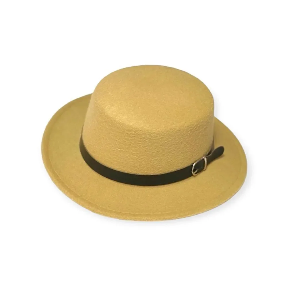 Trendy Round Flat Top Crown Stiff Brim Black Buckle Band Camel Tan Hat NEW